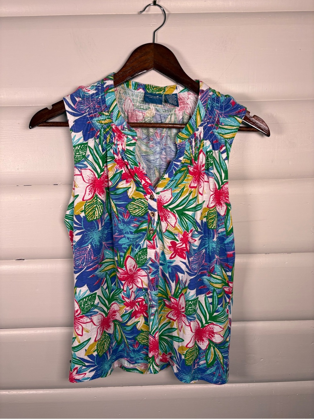 Caribbean Joe Tropical Floral Smocked Henley Tank Top PM Petite Medium